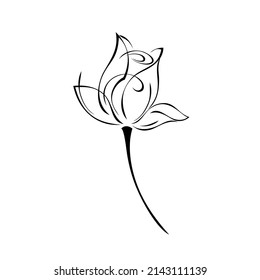 one stylized rose flower bud on a short stalk in black lines on a white background