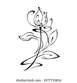 one stylized rosebud on a stem with leaves and curls black lines on a white background