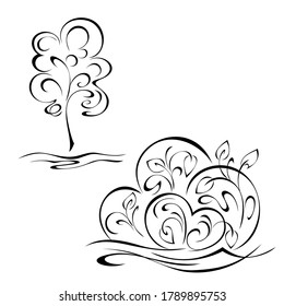 one stylized tree and shrub with leaves in black lines on a white background