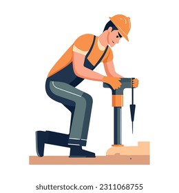 One successful carpenter in hardhat with tool icon isolated