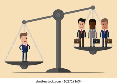 One successful man outweighing many people on scales. Flat style. Business, success, businessman and leadership concept.  Vector illustration