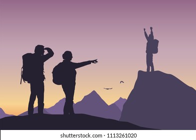 One successful tourist and two losers in mountain landscape - vector