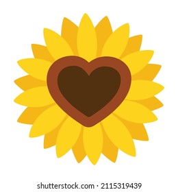 One sunflower with heart shape in flat vector style.