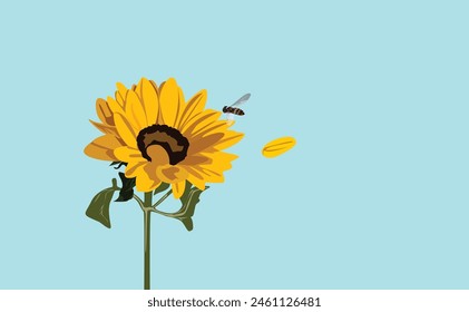 One sunflower on a a blue background with one bee