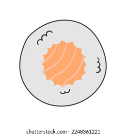 One sushi roll with salmon in cartoon doodle flat style. Vector isolated Japanese food illustration.