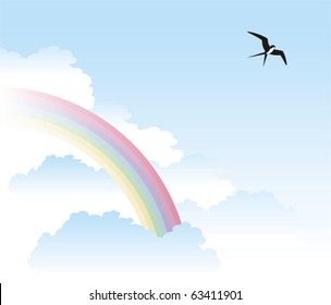 One swallow does not make a summer. A solo flight of a swallow above the clouds and a rainbow.
