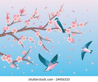 One swallow sitting on a branch  of a cherry blossom and two swallows flying nearby.