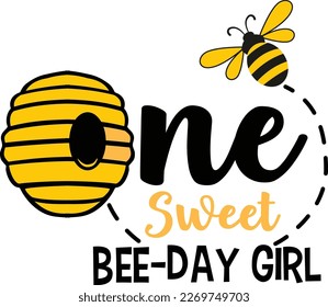 One sweet bee-day girl, bee quote, hand drawn lettering for cute print. Positive quotes isolated on white background. Happy slogan for tshirt. Vector illustration bumble, leaves. Typography poster