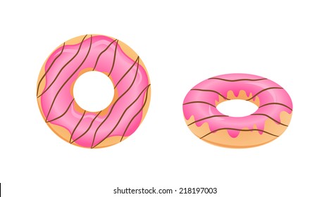 One sweet pink color delicious donut with icing and chocolate topping. Round doughnut, front and top side view, vector art image illustration, isolated on white background eps10