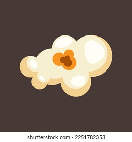 One sweet or salty popcorn piece illustration. Salty or sweet snack from corn or souffle for watching movies isolated on brown background. Food, cinema concept