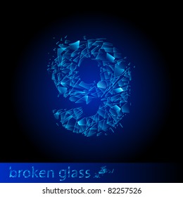 One symbol of broken glass  - digit nine. Illustration on black background