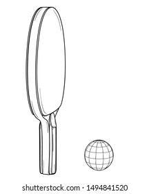 One table tennis or ping pong racket and ball. Sports equipment. Black outline illustration on white background. Sketch.