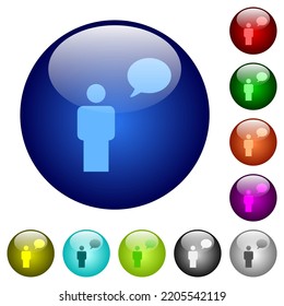 One talking person with oval bubble solid icons on round glass buttons in multiple colors. Arranged layer structure