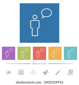 One talking person with oval bubble outline flat white icons in square backgrounds. 6 bonus icons included.