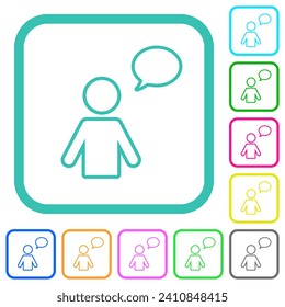One talking person with oval bubble outline vivid colored flat icons in curved borders on white background