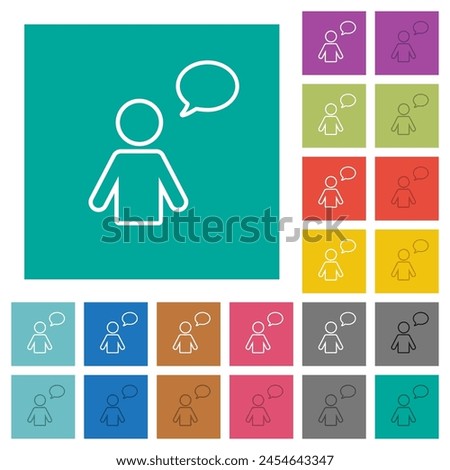 One talking person with oval bubble outline multi colored flat icons on plain square backgrounds. Included white and darker icon variations for hover or active effects.