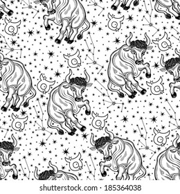 One Taurus ,zodiac signs ,constellation, stars in Horoscope seamless pattern in black and white.Vector background,  packing,Wallpaper, fabric. Illustration in retro style.