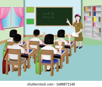 one teacher and students in class room vector design
