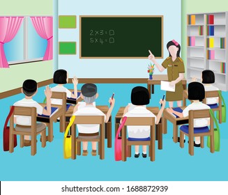 one teacher and students in class room vector design