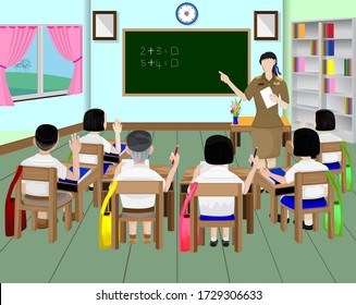 one teacher and students in class room vector design