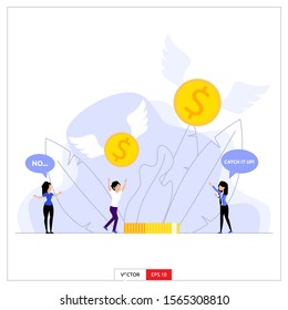 one team is losing wealth in the business and trying to save what remains. money flies and tries to be caught by men. Vector illustration flat design style.