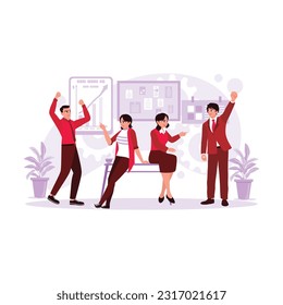 One teammate huddled and had fun in the office, celebrating the success of a successful project. Trend Modern vector flat illustration.