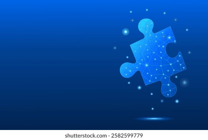 One technology puzzle piece on electric blue background with futuristic low poly wireframe style. Digital and abstract jigsaw puzzle. Business solution concept