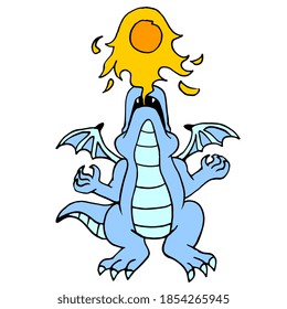 der einen Feuerball aus dem Mund genommen hat. Vektorgrafik von Cartoon-Doodle-Aufklebern