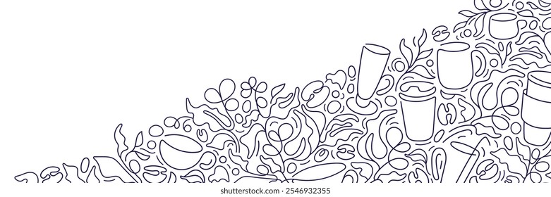 One thin line drawing of coffee cup, beans and leaves, tea graphic plantation. Cafe shop concept. Modern single draw vector illustration. Abstract geometric background for food package, cafe wall