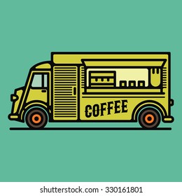 One Thin Line, Flat Vintage Retro Coffee Truck, Vector Illustration, Street Food