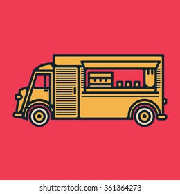 One Thin Line, Flat Vintage Retro Coffee Truck, Vector Illustration, Street Food