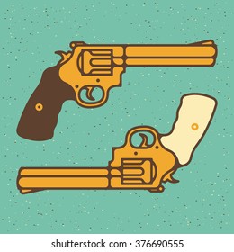 One thin line, flat vintage retro gun, revolver, pistol. Vector illustration