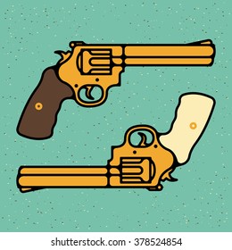 One thin line, flat vintage retro gun, revolver, pistol. Vector illustration