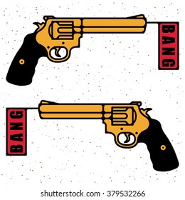 One thin line, flat vintage retro gun, revolver, pistol. Vector illustration
