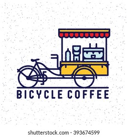 One thin line, flat vintage retro mobile coffee cart. Coffee bicycle, vector illustration, street food svg