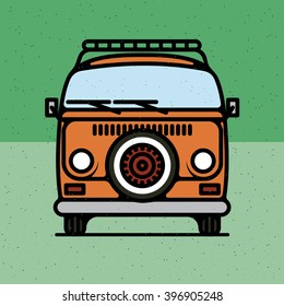 One thin line, flat vintage retro hipster van, vector illustration on grange texture background