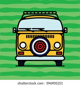 One thin line, flat vintage retro hipster van, vector illustration