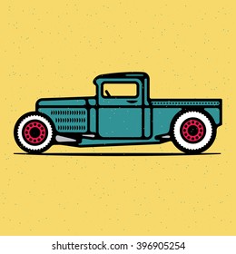 One thin line, flat vintage retro rat rod, vector illustration on grunge texture background