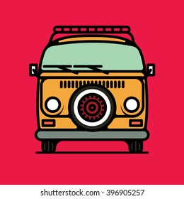 One thin line, flat vintage retro hipster van, vector illustration