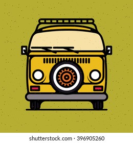 One Thin Line, Flat Vintage Retro Hipster Van, Vector Illustration On Grange Texture Background