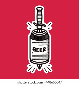 One thin line, flat vintage craft beer bottle with knife. Vector illustration