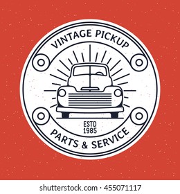 One thin line, flat vintage retro truck logo with rays. Vector illustration on grunge background texture