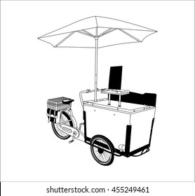 One thin line, flat vintage retro mobile coffee cart. Coffee bicycle, vector illustration, street food