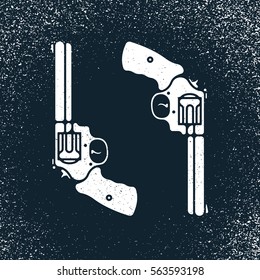 One thin line, flat vintage retro gun, revolver, pistol. Vector illustration on grunge texture background