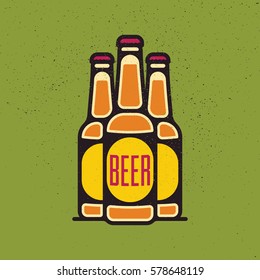 One thin line, flat vintage craft beer bottle. Vector illustration on grunge texture background