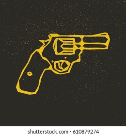 One thin line, flat vintage retro gun, revolver, pistol. Vector illustration on grunge texture background