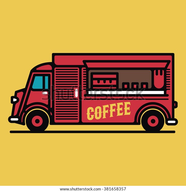 One thin line, flat vintage retro coffee\
truck, vector illustration, street\
food