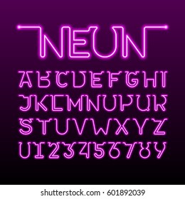 One Thin Single Continuous Line Neon Tube Font. Alphabet And Numbers, Vector Illustration.