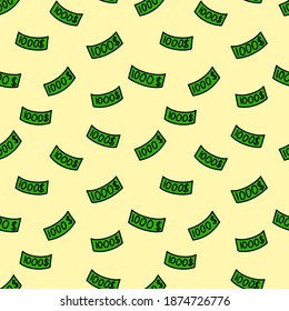 Un millar de dólares cuesta un patrón sin fisuras. Imágenes de dibujos animados de billetes de mil dólares. Ilustración vectorial verde del dinero de papel sobre fondo amarillo. Textura sin fin para papel de envoltura, papel pintado.
