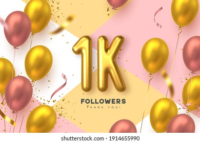 One thousand followers banner. Thank you followers vector template with 1K golden sign and glossy balloons for network, social media friends and subscribers.